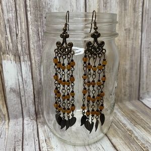 Bronze & Orange Long Leaf Chandelier Earring